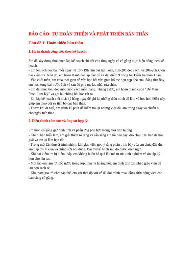 Bao Cao Tu Hoan Thien Va Phat Trien Ban Than | PDF