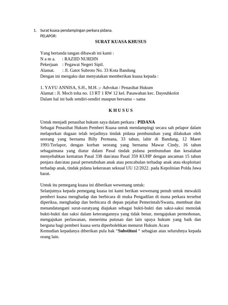 Surat Kuasa Pendampingan Pidana | PDF