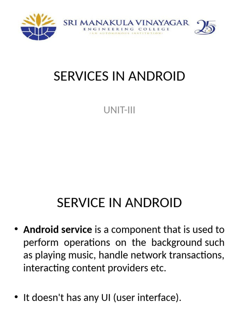 Services in Android | PDF | User Interface | Computer Programming