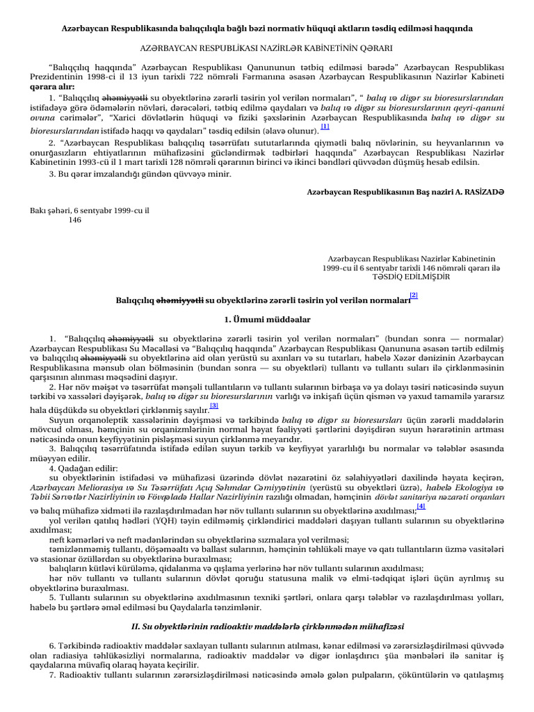 146-Azərbaycan Respublikasında Balıqçılıqla Bağlı Bəzi Normativ Hüquqi ...