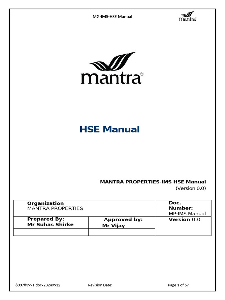 Mantra Properties HSE Manual | PDF | Iso 9000 | Regulatory Compliance