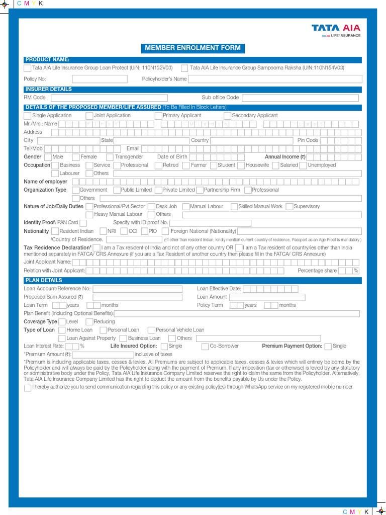 Member Enrolment Form for Insurance Policy | PDF | Insurance | Life ...