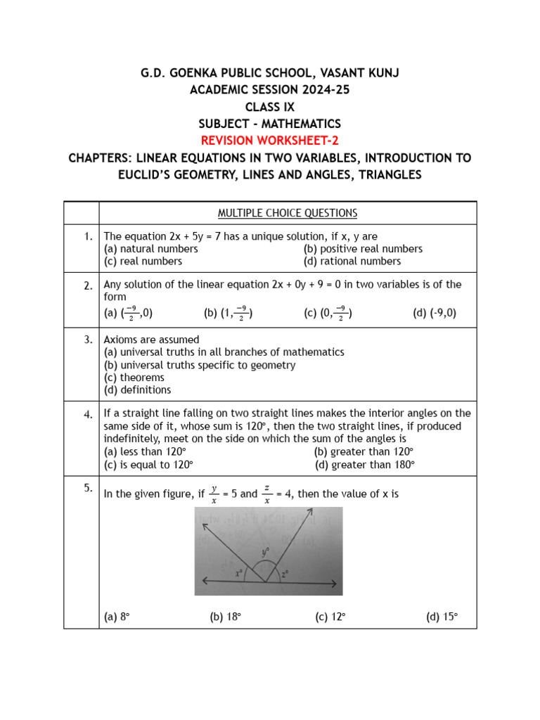 Class Ix Math Revision Worksheet 2024 25 Pdf Line Geometry