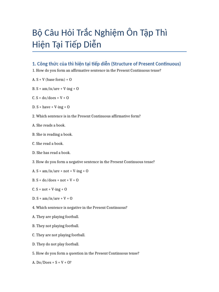 Present Continuous MCQs | PDF | Syntax | Linguistic Morphology