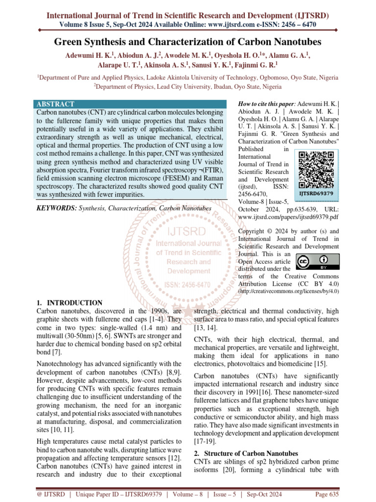 Green Synthesis and Characterization of Carbon Nanotubes | PDF | Carbon ...