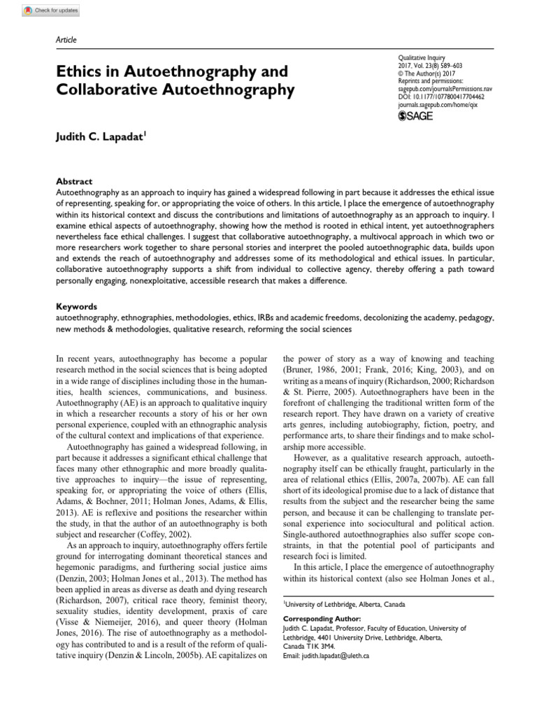 Ethics in Autoethnography Explained | PDF | Ethnography | Qualitative ...