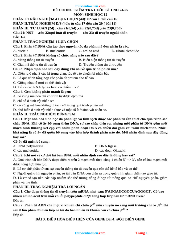 De Cuong On Tap HK1 Sinh 12 Canh Dieu | PDF