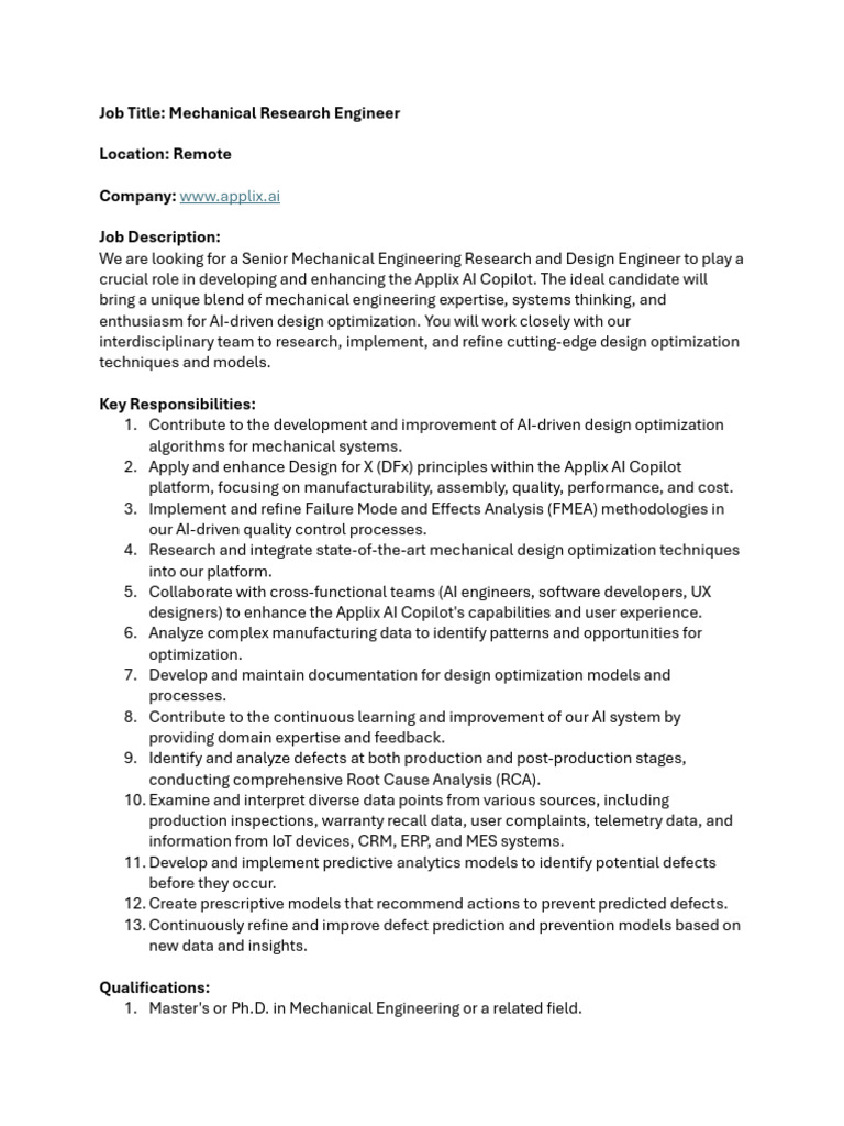Senior Mechanical Research Engineer Role | PDF | Data | Artificial ...