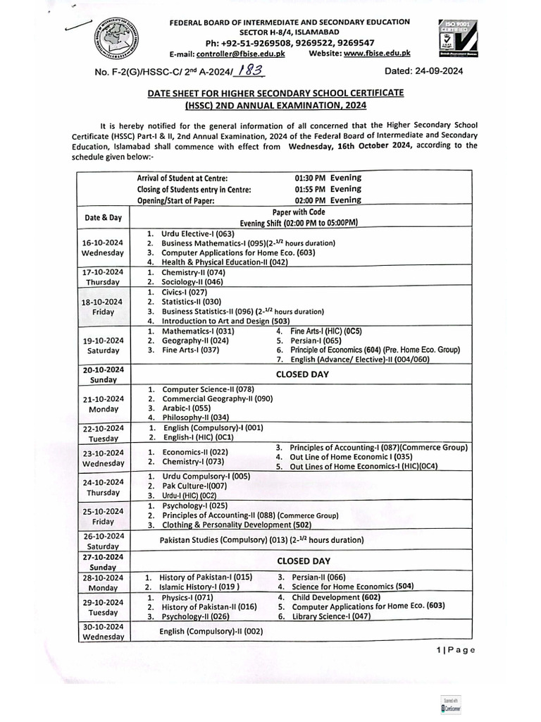 Datesheet HSSC 2nd A 2024 | PDF