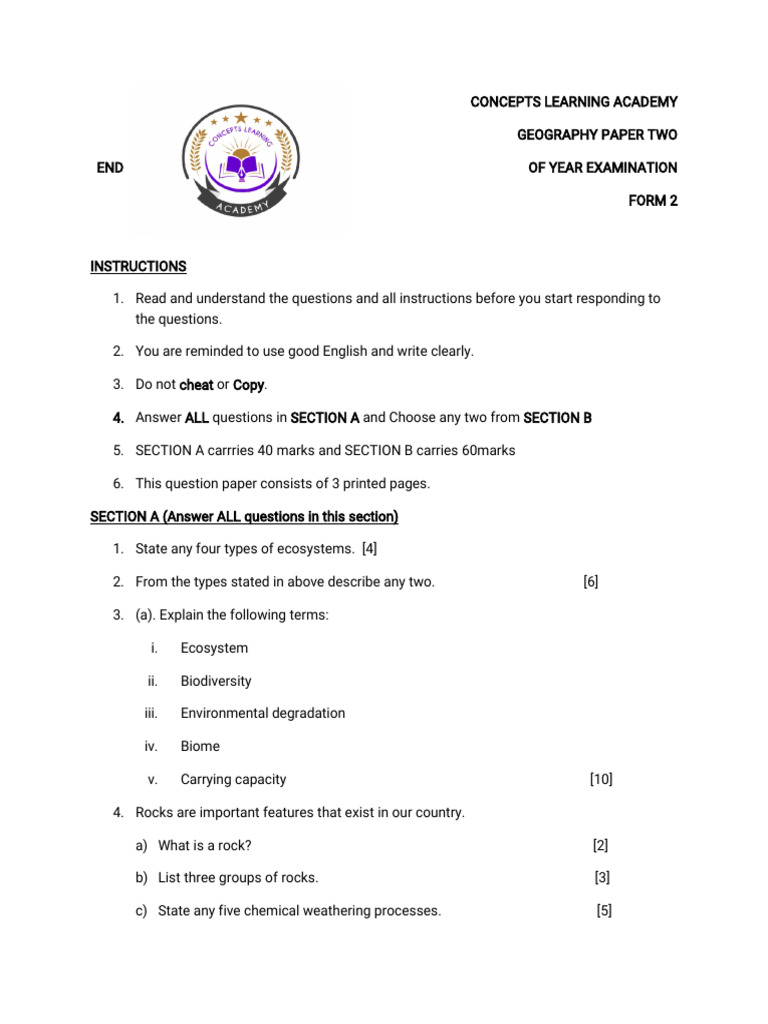 Form 2 Geography Exam Paper Guide | PDF