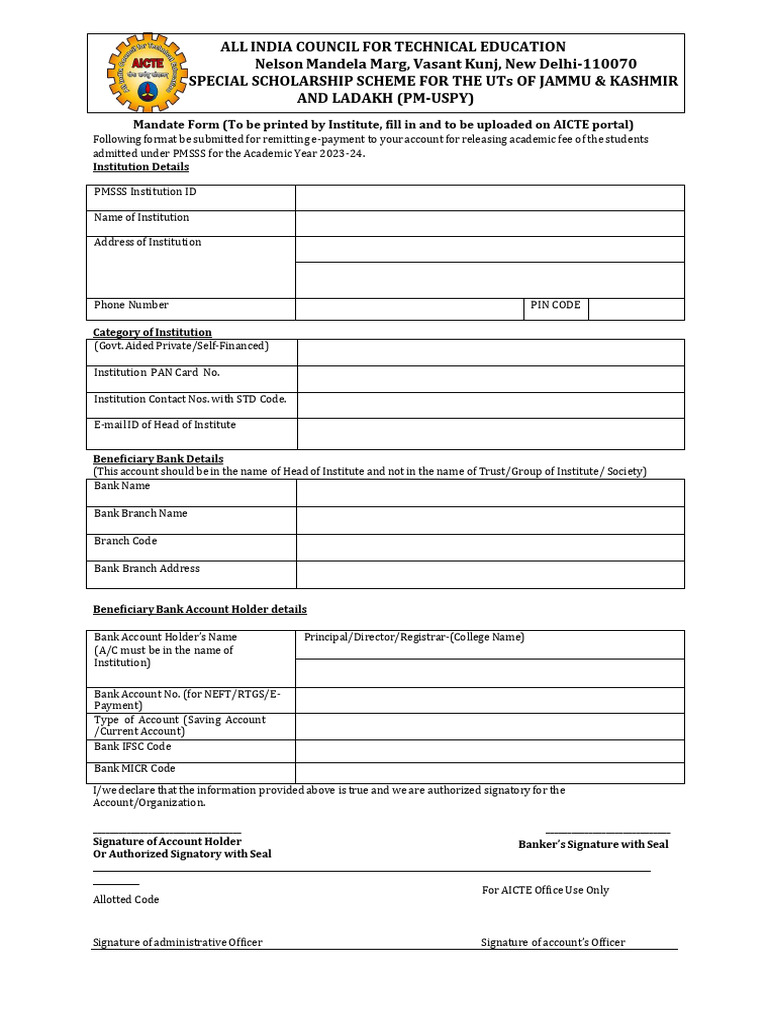Mandate form for institute 2023 2024 pdf