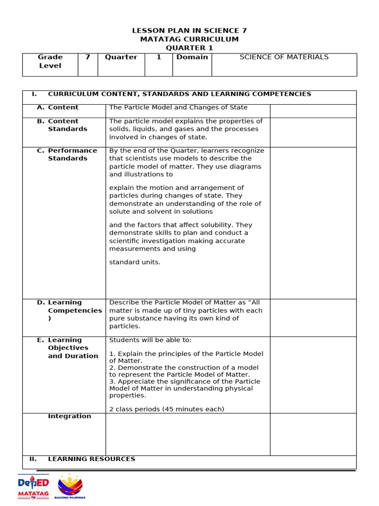 Grade 7 Science Lesson Plan: Particle Model | PDF | Matter | Gases