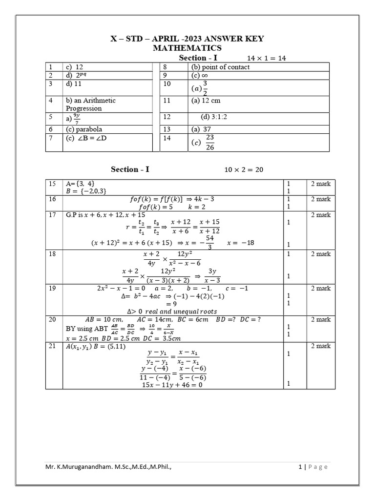 10th Maths EM Answer Key April 2023 English Medium PDF Download | PDF