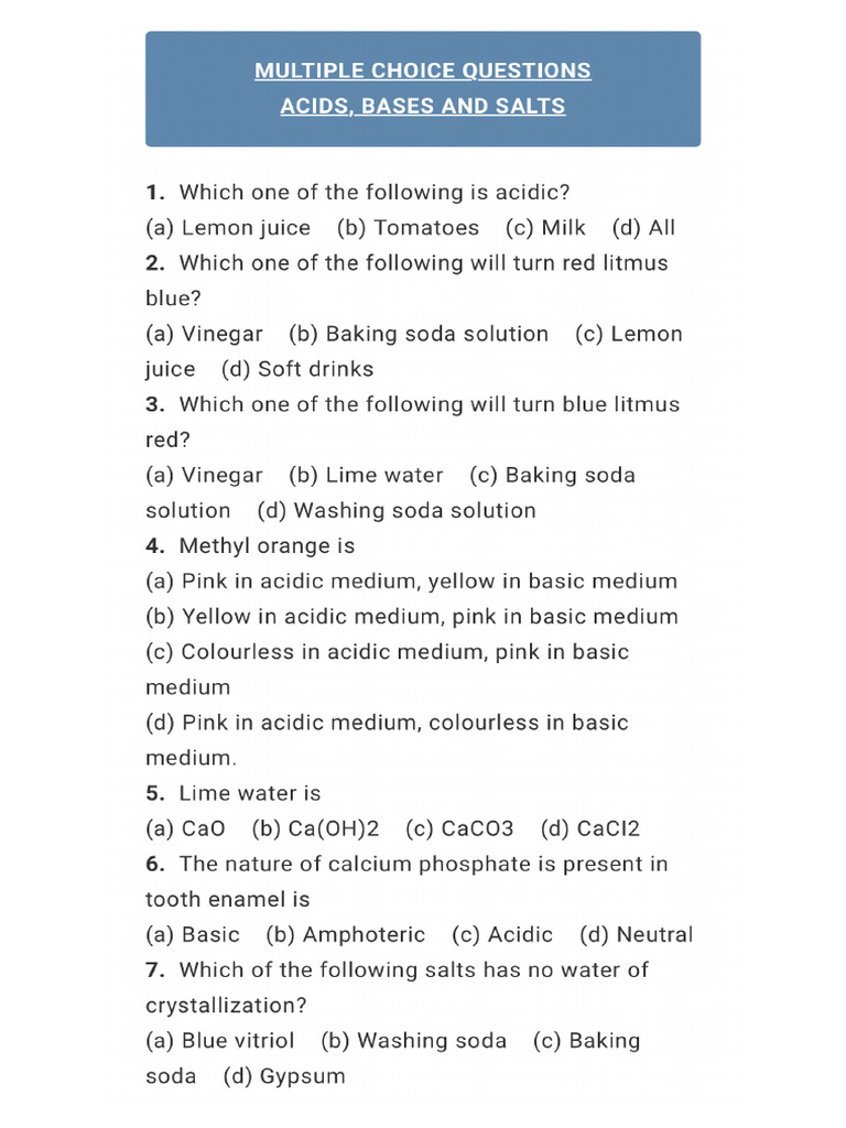 Acid Base Salt Question Paper | PDF