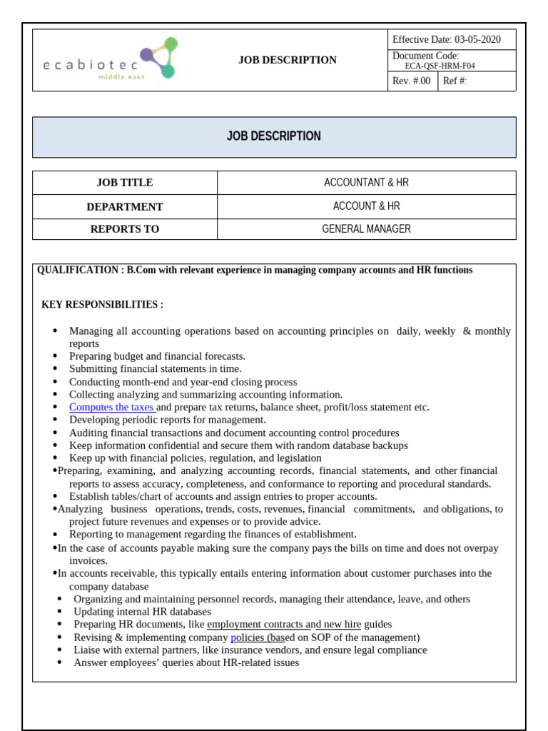 Accountant & HR Job Description | PDF | Accounting | Employment