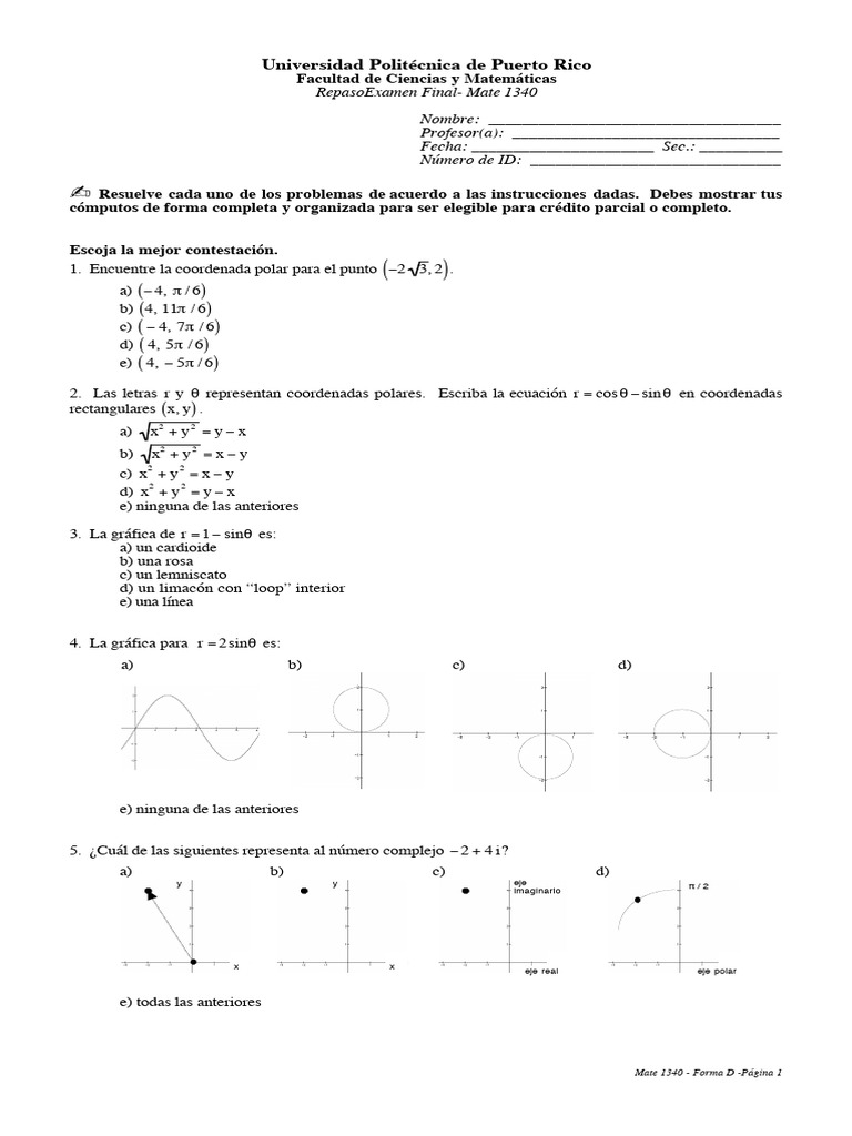 Examen Final Mate 1340 - Universidad Politécnica | PDF | Matemáticas ...