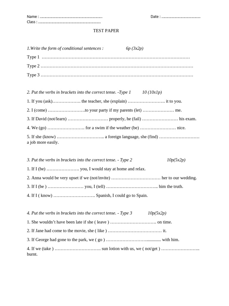 Test Paper Conditionals 1,2,3 | PDF | Language Mechanics | Syntax