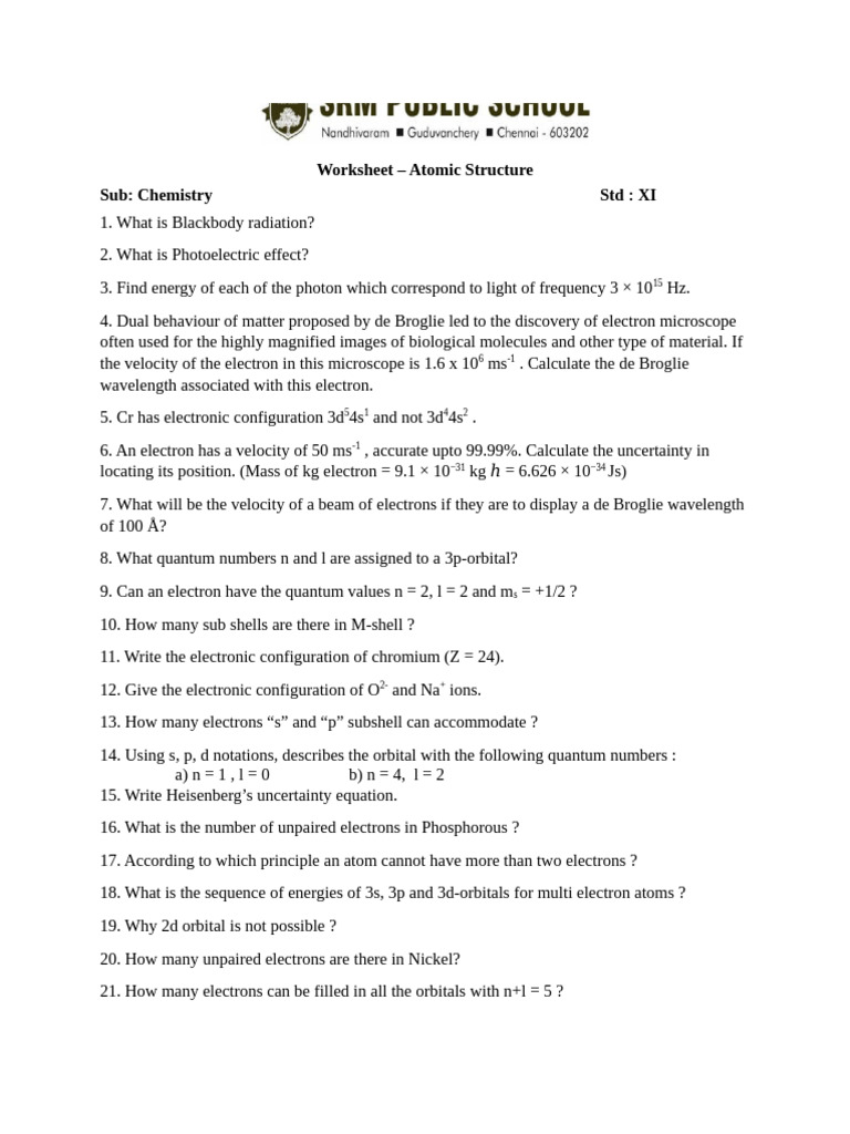 Atomic Structure Worksheet for Class XI | PDF
