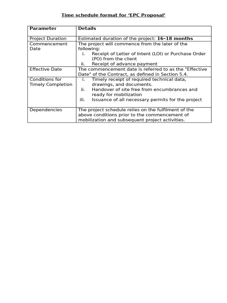EPC Proposal Time Schedule Format | PDF