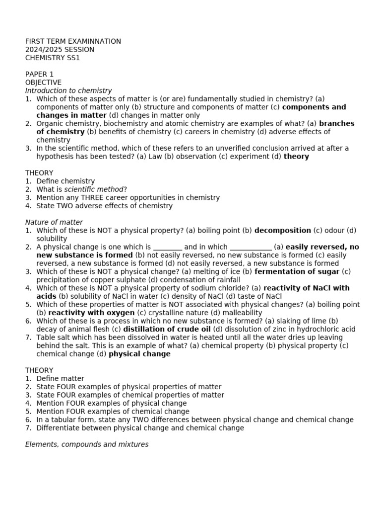 CHM 1st Term Ss1 Enote Que For Exam | PDF | Chemical Bond | Gases