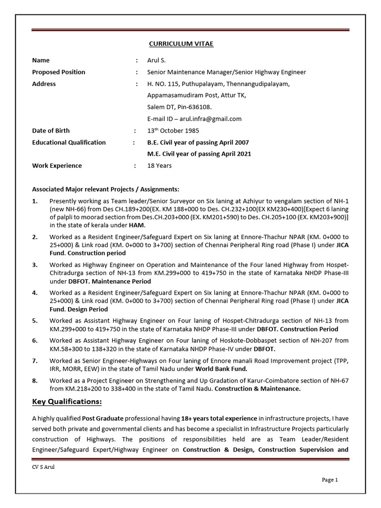Senior Highway Engineer CV - Arul S. | PDF | Specification (Technical ...
