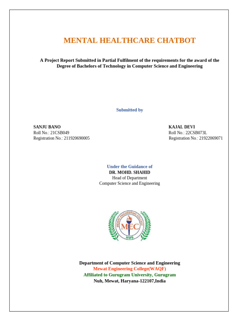 Mental Healthcare Chatbot Project Report | PDF | Cognitive Behavioral ...