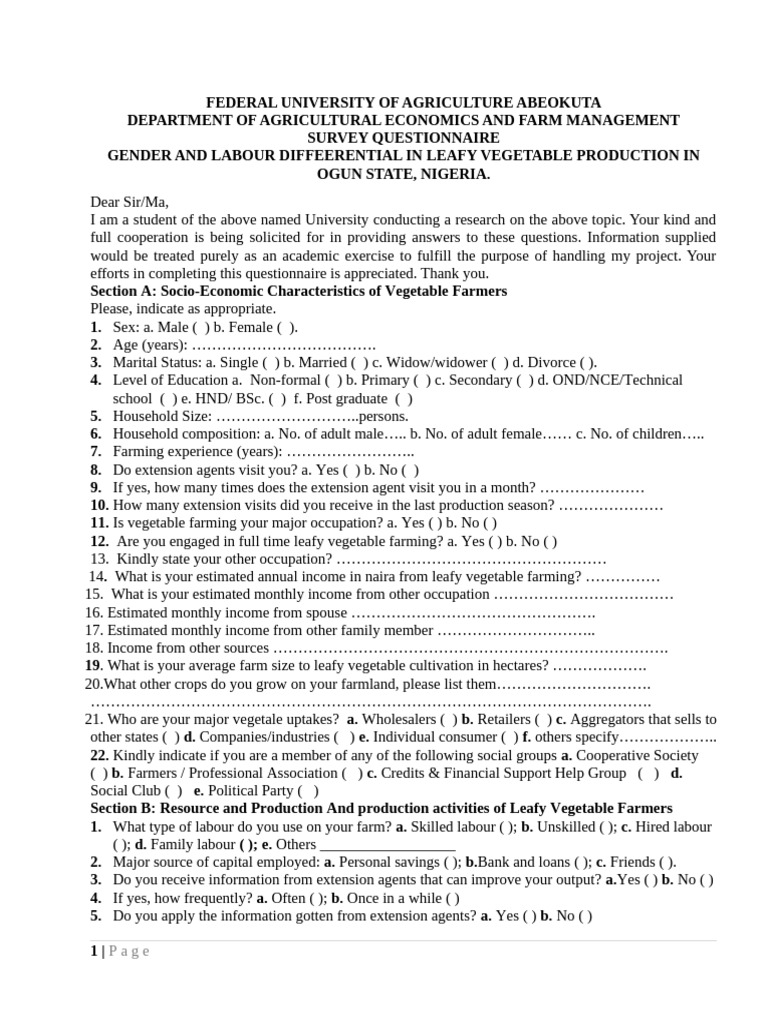 Gender and Leafy Vegetable Questionnaire - 015341 | PDF | Vegetables ...