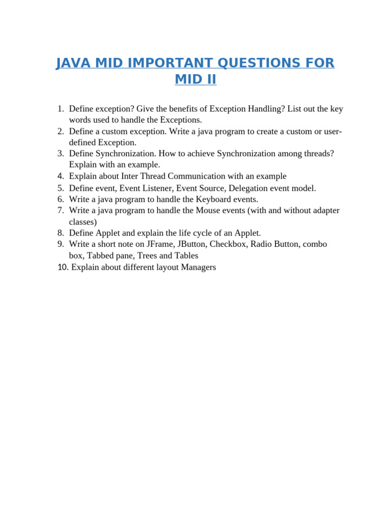 Java Mid Important Questions for Mid II | PDF
