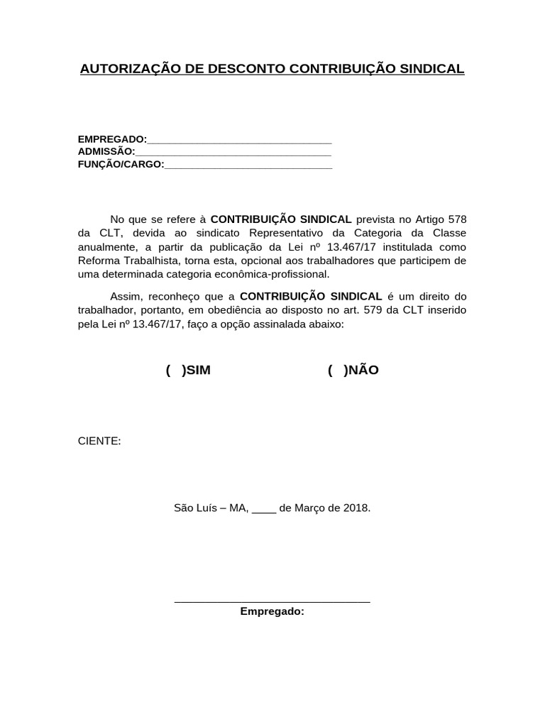 Autorização de Desconto Sindical | PDF