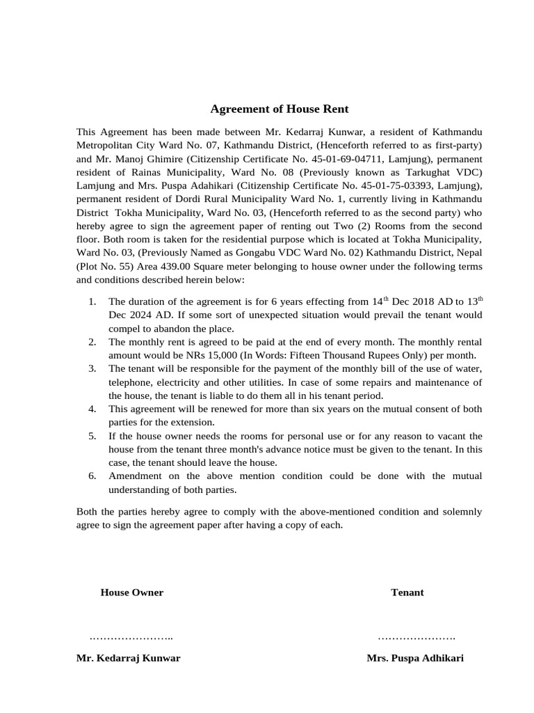 Kathmandu House Rent Agreement Template | PDF | Common Law | Private Law