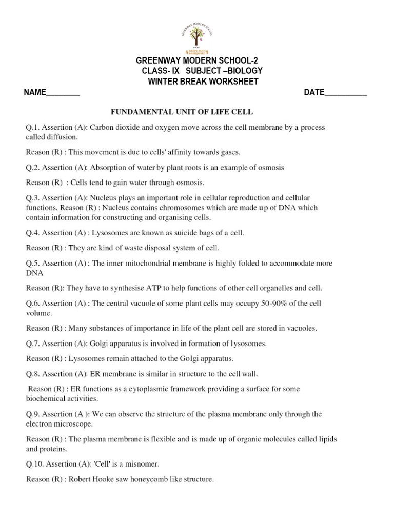 Class 9 Biology Winter Worksheet | PDF