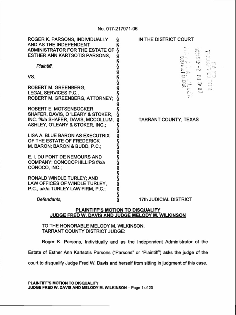 Plaintiff's Motion to Disqualify Judge Fred W. Davis and Judge Melody M