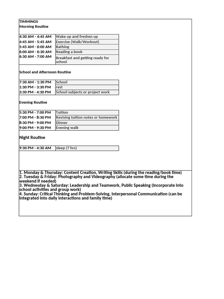 Daily Routine and Skill Development Schedule | PDF