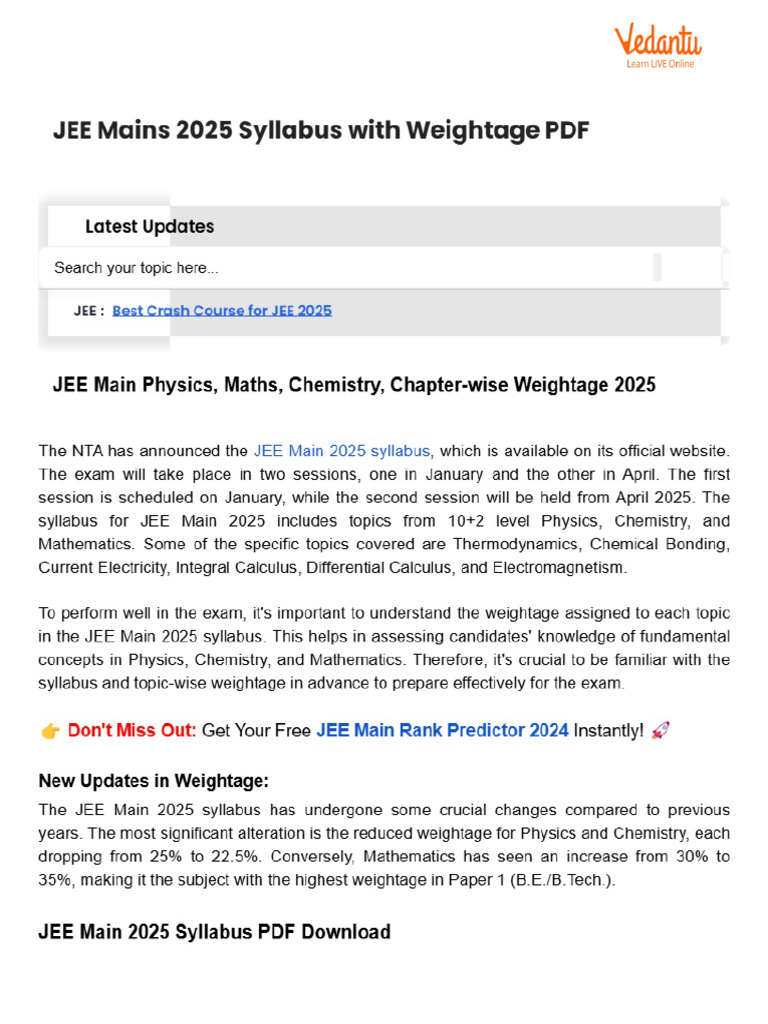 JEE Mains 2025 Syllabus With Weightage PDF | PDF