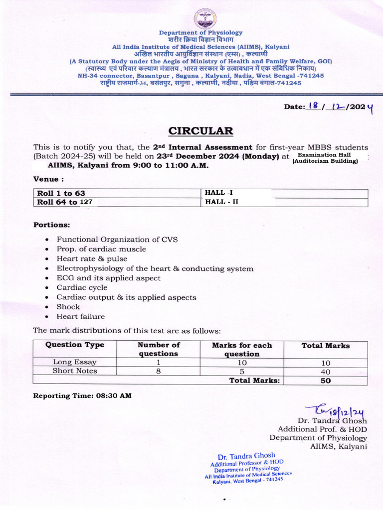MBBS 2nd Internal Assessment Notice | PDF | Cardiovascular Physiology ...