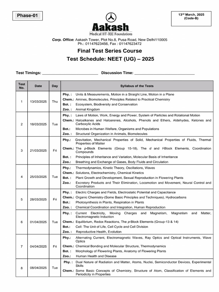 Final Test Series For NEET 2025 XII & RM Code B Phase 01 Schedule | PDF