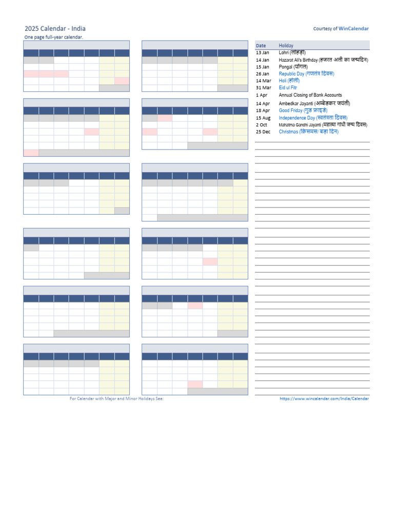 2025 Calendar One Page PDF Observances