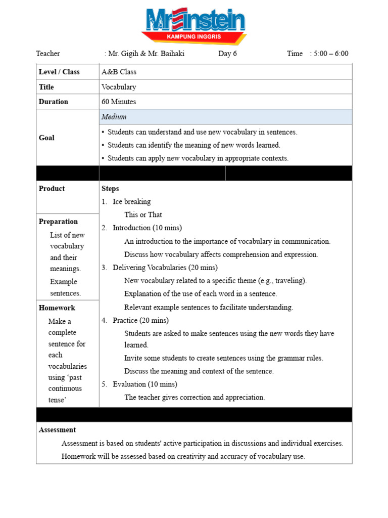 Vocabulary Lesson Plan for Students | PDF | Vocabulary | Reading ...