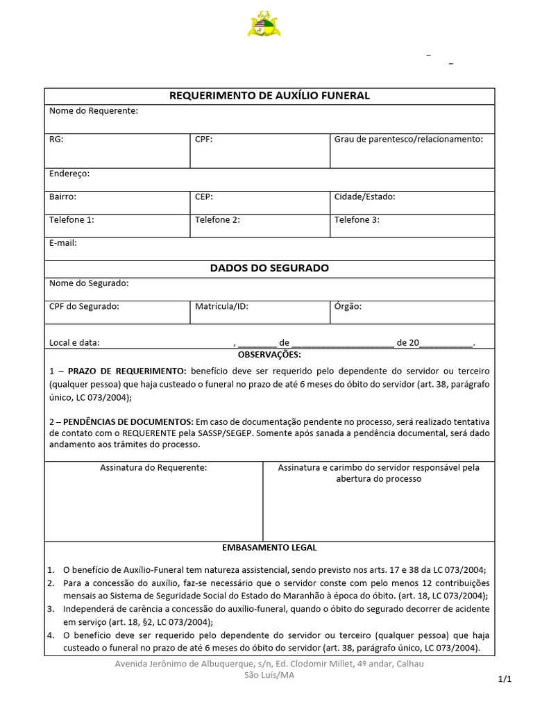 Requerimento de Auxílio-Funeral MA | PDF
