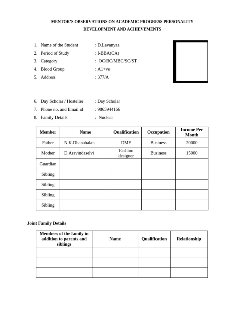 Mentor Mentee Form (Profile Format) | PDF