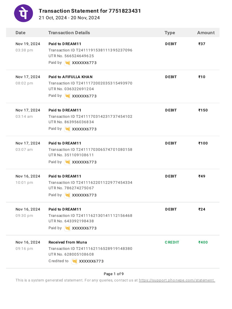 Transaction Statement for 7751823431 | PDF | Debit Card | Debits And ...