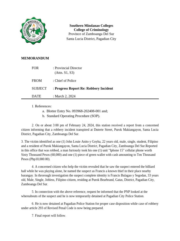 Progress Report on Pagadian Robbery Case | PDF