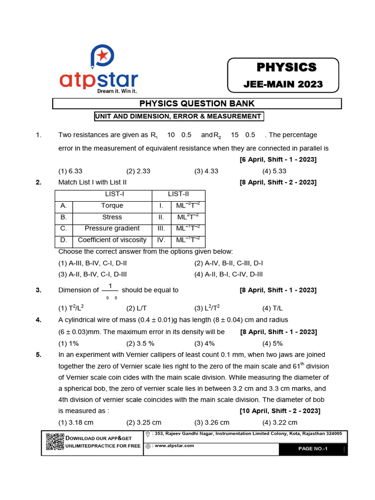 ヴァルゴ JEE-Main 2023 Physics Prep | PDF | Mechanics | Classical Mechanics