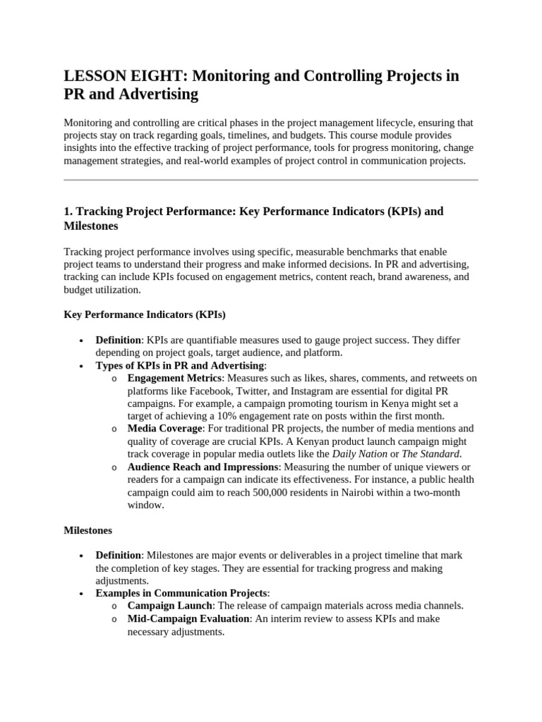 LESSON EIGHT EDITS Monitoring and Controlling Projects in PR and ...