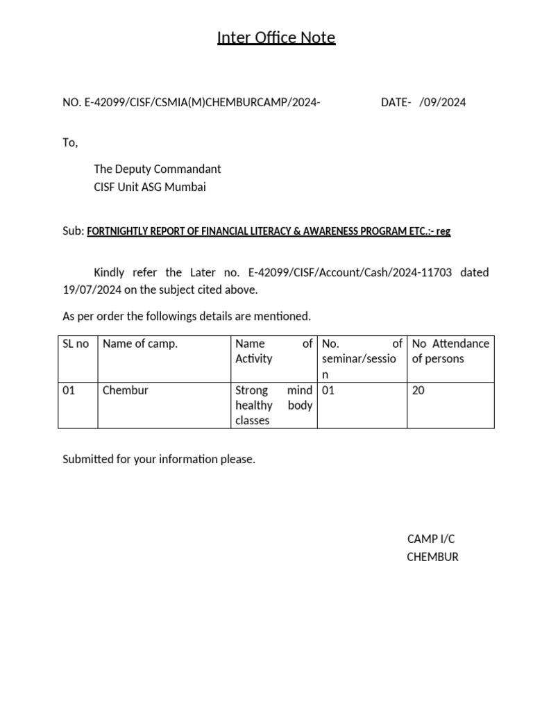Inter Office Note: Fortnightly Report of Financial Literacy & Awareness ...