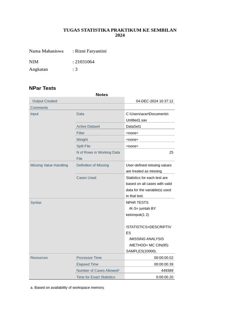 NPAR Tests and Descriptive Stats Analysis | PDF | Statistics ...