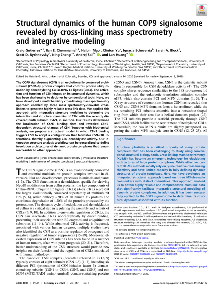 2020 Structural Dynamics of The Human Cop9 | PDF | Proteins | Ubiquitin