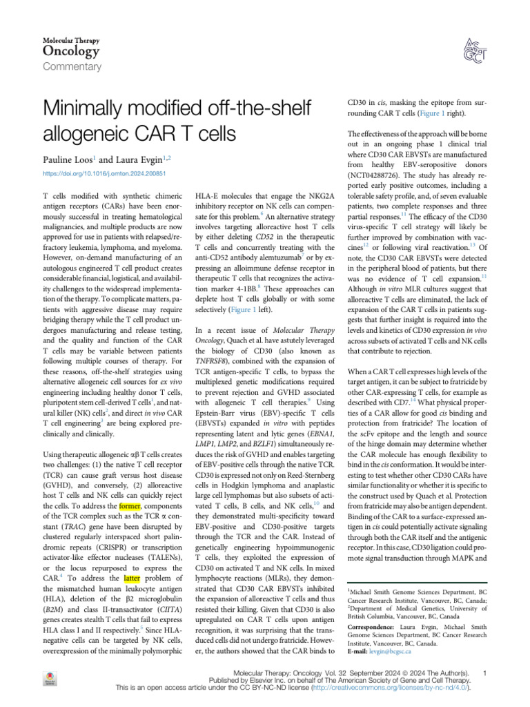 2024-R-Minimally Modified Off-The-Shelf Allogeneic CAR T Cells | PDF ...