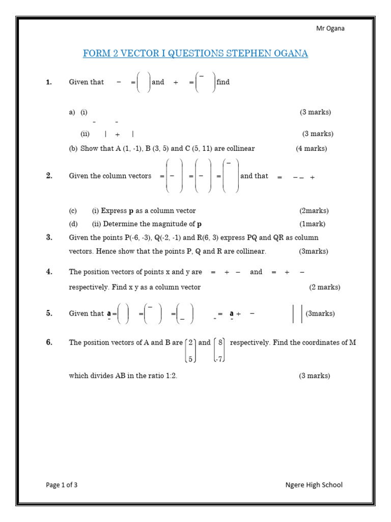 Form 2 Vector I Questions and Solutions | PDF | Euclidean Vector ...