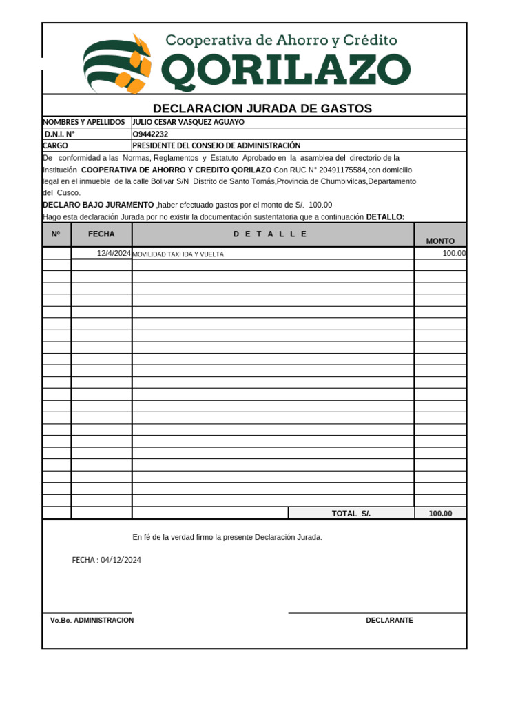 Declaración Jurada de Gastos 2024 | PDF